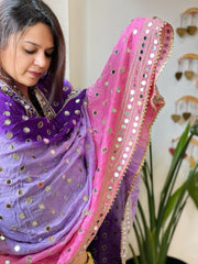 Pink, Purple, Lavender Crepe Dupatta with Mirror and Cut Daana Work with Gota Lace Border