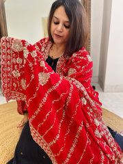 Red Crepe Dupatta with Sequin and Cut Daana Jaal Embroidery
