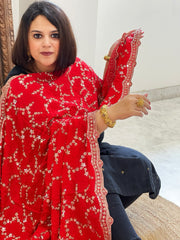 Red Crepe Dupatta with Sequin and Cut Daana Jaal Embroidery
