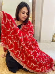Red Crepe Dupatta with Sequin and Cut Daana Jaal Embroidery