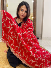 Red Crepe Dupatta with Sequin and Cut Daana Jaal Embroidery
