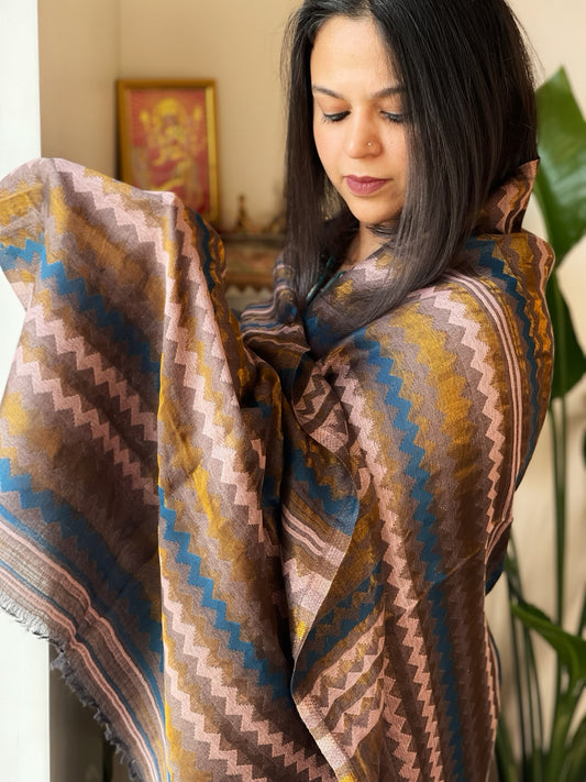Teal, Pink, Brown Woven Zari Pashmina Stole with Zig-Zag Design