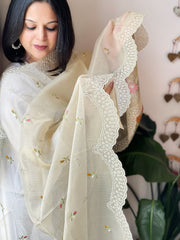 Beige Tissue Organza Dupatta with cross-stitch embroidery