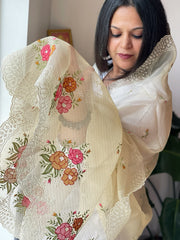 Beige Tissue Organza Dupatta with cross-stitch embroidery