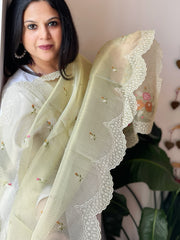 Green Tissue Organza Dupatta with cross-stitch embroidery