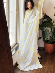 Yellow, Off-White Mul Cotton Dupatta with Thread Embroidery