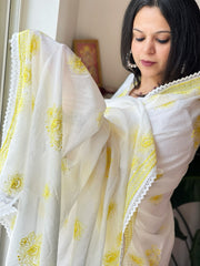 Yellow, Off-White Mul Cotton Dupatta with Thread Embroidery