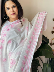 Pink, Off-White Mul Cotton Dupatta with Thread Embroidery