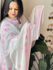 Pink, Off-White Mul Cotton Dupatta with Thread Embroidery