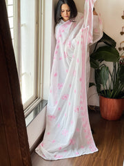 Pink, Off-White Mul Cotton Dupatta with Thread Embroidery