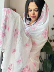 Pink, Off-White Mul Cotton Dupatta with Thread Embroidery