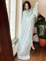Sea Green, Off-White Mul Cotton Dupatta with Thread Embroidery