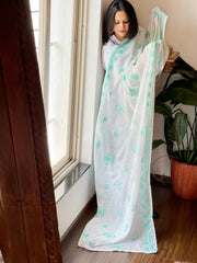 Sea Green, Off-White Mul Cotton Dupatta with Thread Embroidery
