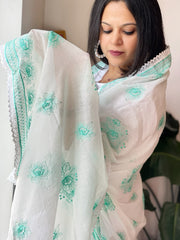Sea Green, Off-White Mul Cotton Dupatta with Thread Embroidery