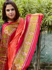 Orange, Red Handwoven Patola with Rai Bandhej Dupatta in Pure Silk