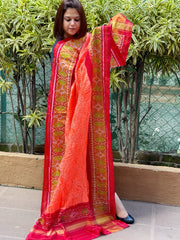 Orange, Red Handwoven Patola with Rai Bandhej Dupatta in Pure Silk