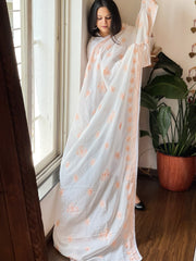 Peach, Off-White Mul Cotton Dupatta with Thread Embroidery