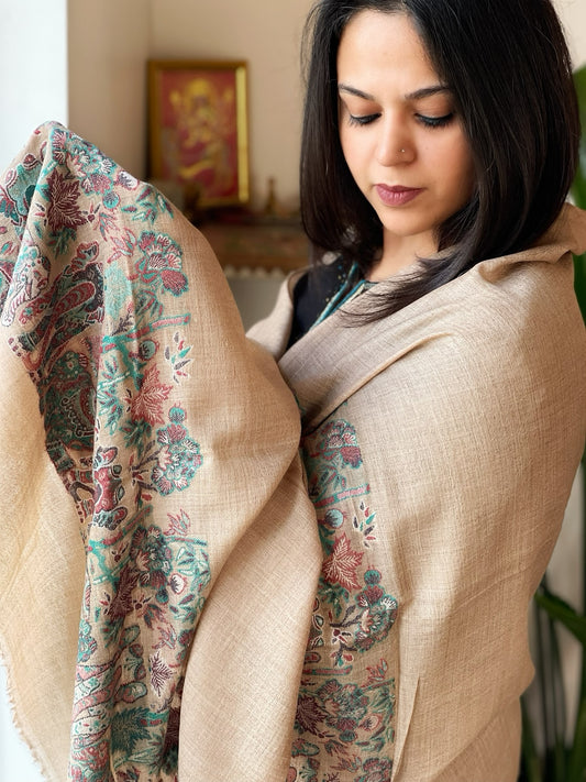 Lite Brown Woven Pashmina Stole with Kaani Pallu
