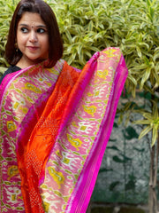 Orange, Pink Handwoven Patola with Rai Bandhej Dupatta in Pure Silk