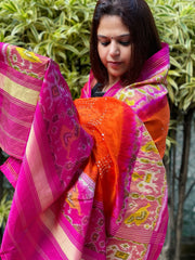 Orange, Pink Handwoven Patola with Rai Bandhej Dupatta in Pure Silk