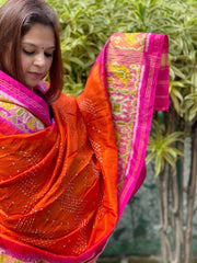 Orange, Pink Handwoven Patola with Rai Bandhej Dupatta in Pure Silk