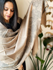 Lite Brown, Grey Woven Pashmina Stole with Floral Kaani Pallu