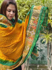 Yellow, Green Handwoven Patola with Rai Bandhej Dupatta in Pure Silk
