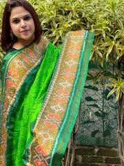 Parrot Green, Dark Green Handwoven Patola with Rai Bandhej Dupatta in Pure Silk