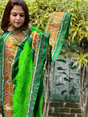 Parrot Green, Dark Green Handwoven Patola with Rai Bandhej Dupatta in Pure Silk