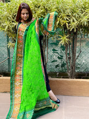 Parrot Green, Dark Green Handwoven Patola with Rai Bandhej Dupatta in Pure Silk