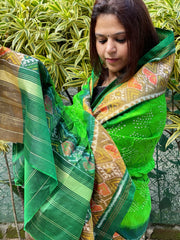 Parrot Green, Dark Green Handwoven Patola with Rai Bandhej Dupatta in Pure Silk