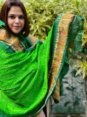 Parrot Green, Dark Green Handwoven Patola with Rai Bandhej Dupatta in Pure Silk