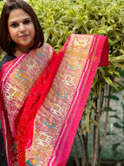 Red, Pink Handwoven Patola with Rai Bandhej Dupatta in Pure Silk