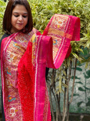 Red, Pink Handwoven Patola with Rai Bandhej Dupatta in Pure Silk