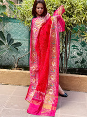 Red, Pink Handwoven Patola with Rai Bandhej Dupatta in Pure Silk