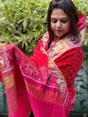 Red, Pink Handwoven Patola with Rai Bandhej Dupatta in Pure Silk