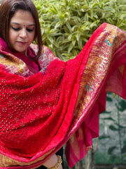 Red, Pink Handwoven Patola with Rai Bandhej Dupatta in Pure Silk