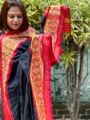 Black, Red Handwoven Patola with Rai Bandhej Dupatta in Pure Silk
