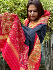 Black, Red Handwoven Patola with Rai Bandhej Dupatta in Pure Silk
