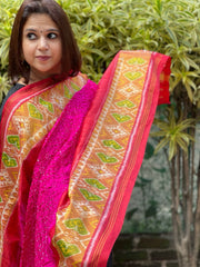 Pink, Red Handwoven Patola with Rai Bandhej Dupatta in Pure Silk