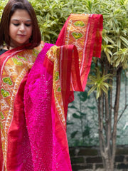 Pink, Red Handwoven Patola with Rai Bandhej Dupatta in Pure Silk