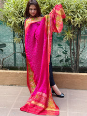 Pink, Red Handwoven Patola with Rai Bandhej Dupatta in Pure Silk