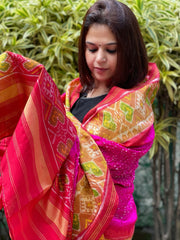 Pink, Red Handwoven Patola with Rai Bandhej Dupatta in Pure Silk