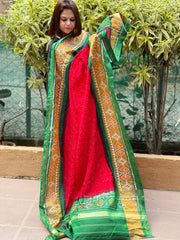 Red, Green Handwoven Patola with Rai Bandhej Dupatta in Pure Silk