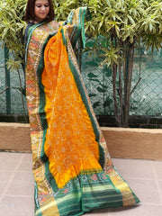 Yellow, Green Handwoven Patola with Rai Bandhej Dupatta in Pure Silk