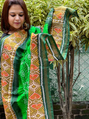 Parrot Green, Dark Green Handwoven Patola with Rai Bandhej Dupatta in Pure Silk