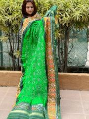 Parrot Green, Dark Green Handwoven Patola with Rai Bandhej Dupatta in Pure Silk