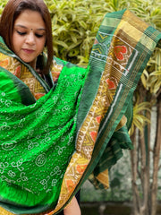 Parrot Green, Dark Green Handwoven Patola with Rai Bandhej Dupatta in Pure Silk