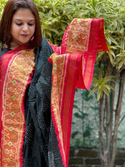 Black, Red Handwoven Patola with Rai Bandhej Dupatta in Pure Silk