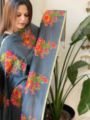 Grey Handwoven Chanderi Dupatta with Floral Thread Embroidery